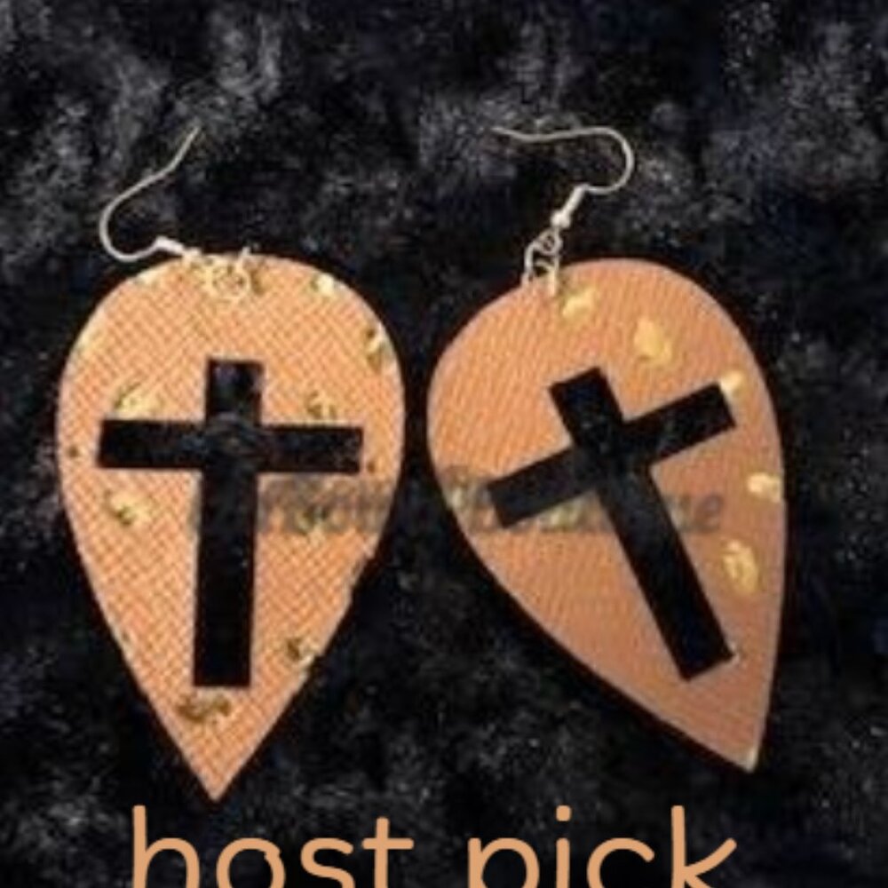 ❤️HOST PICK❤️ Brown w/ Gold Cross Cutout Faux Leather Earring ER1573 Handmade - Picture 1 of 5